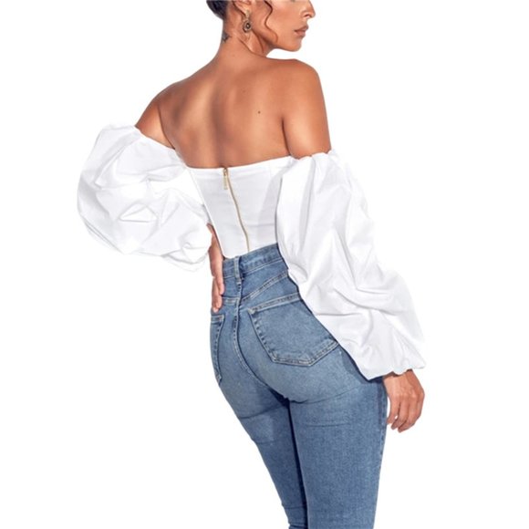 NEW Off Shoulders Long Puff Sleeve Crop Top with Boning White Satin - Picture 6 of 6